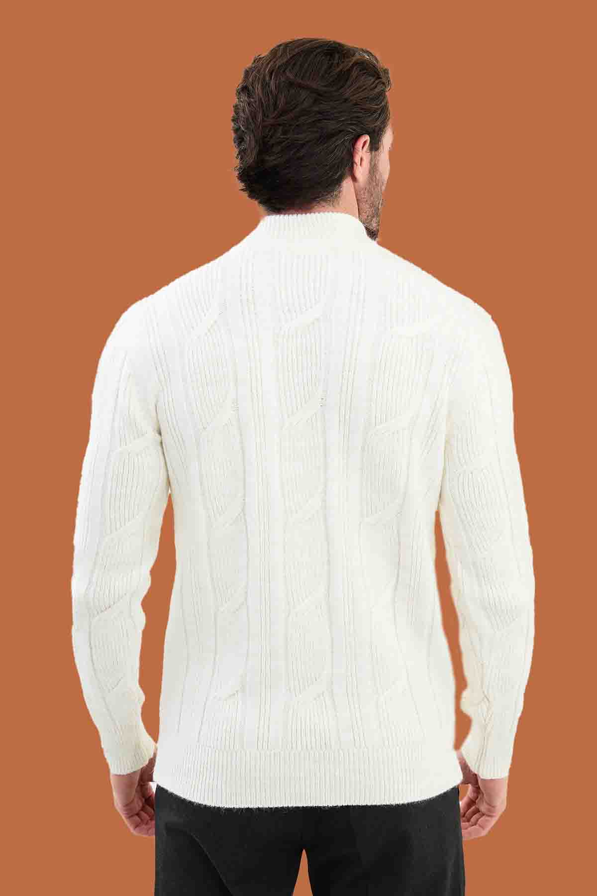 White Cable Knit Mock Neck Sweater - Slim Fit