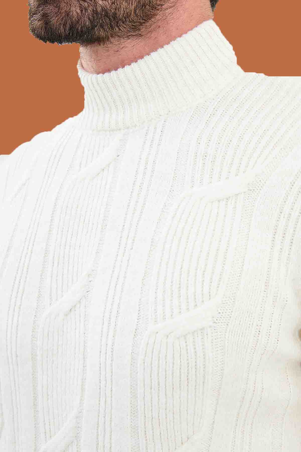 White Cable Knit Mock Neck Sweater - Slim Fit