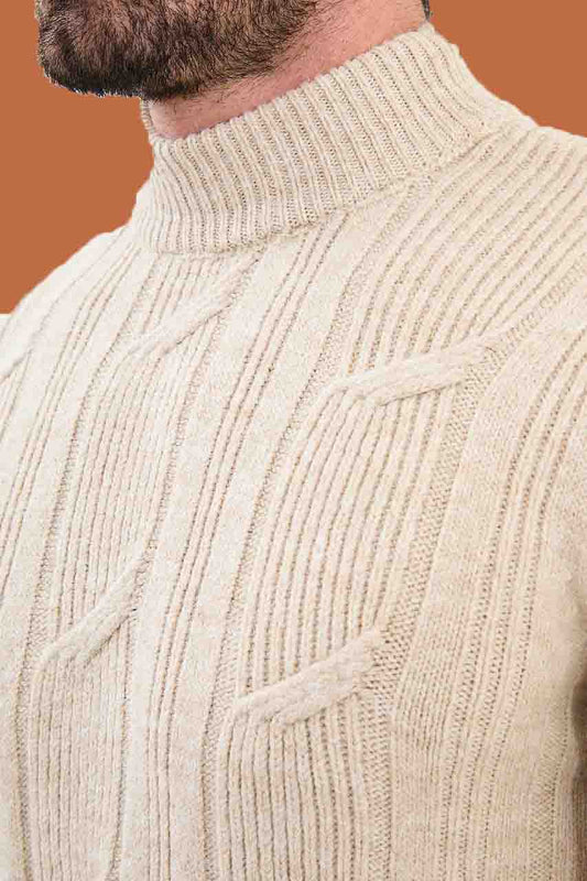 Beige Cable Knit Mock Neck Sweater - Slim Fit