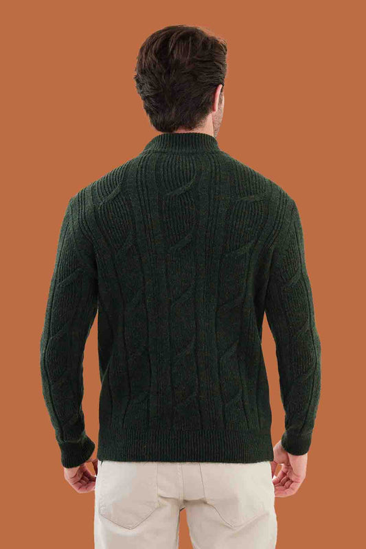 Khaki Green Cable Knit Mock Neck Sweater - Slim Fit