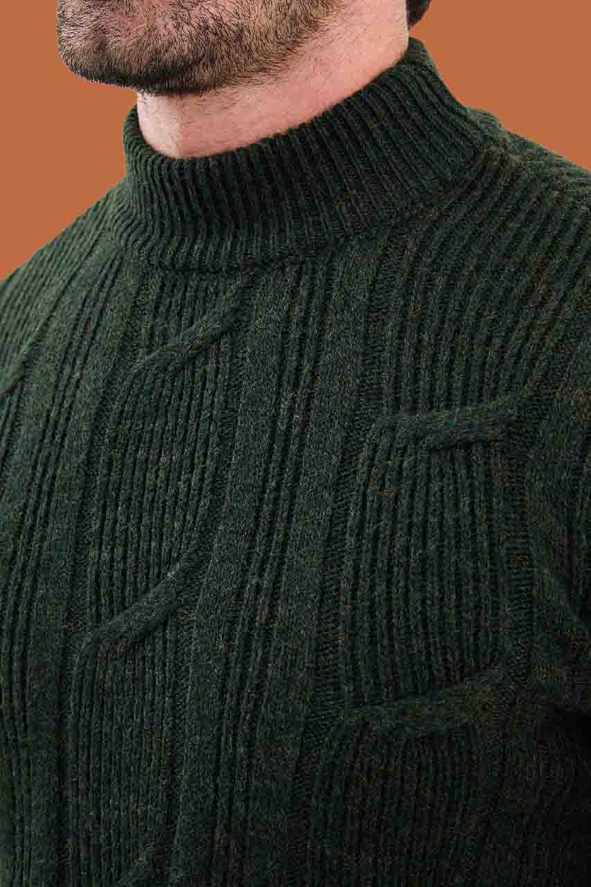 Khaki Green Cable Knit Mock Neck Sweater - Slim Fit
