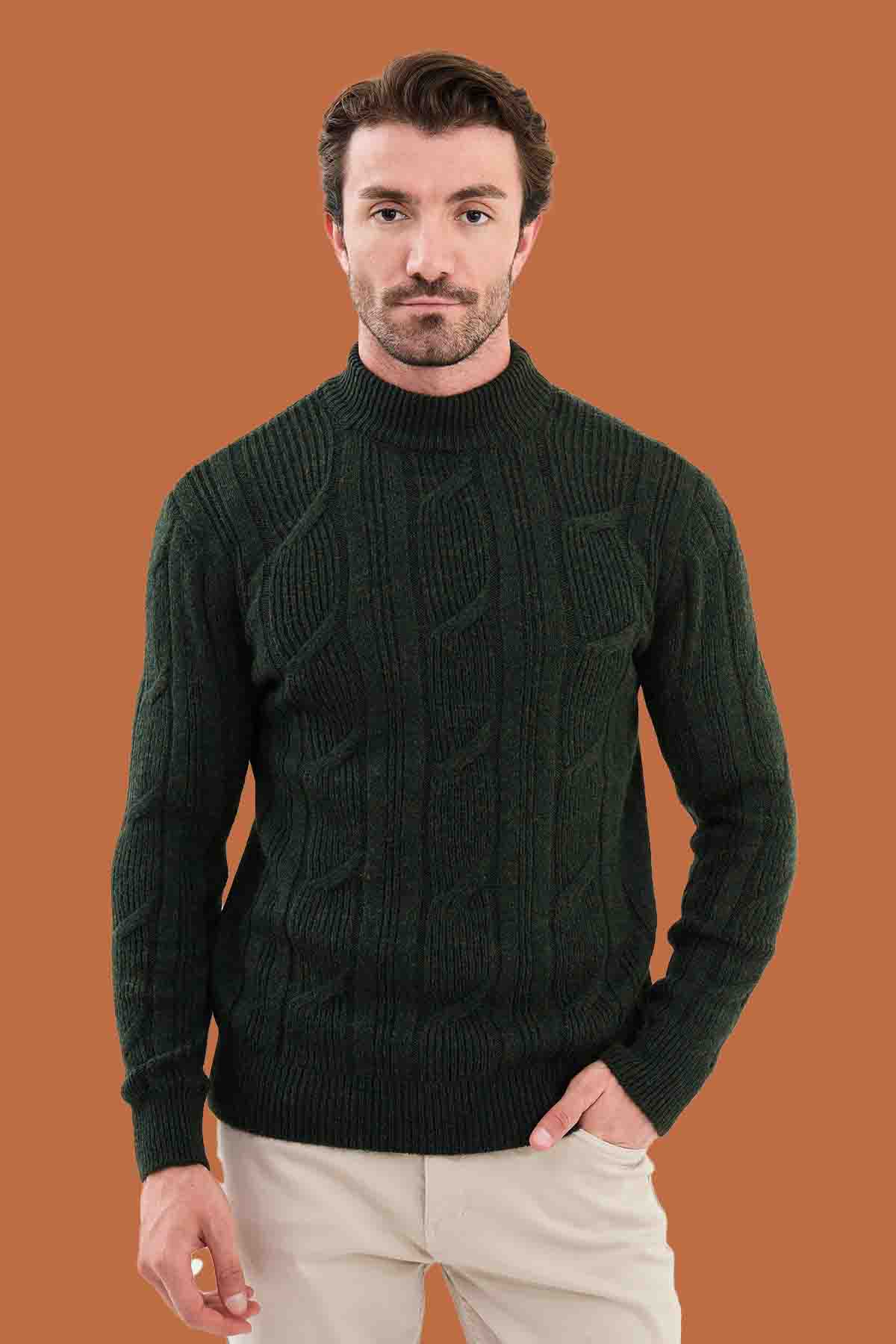 Khaki Green Cable Knit Mock Neck Sweater - Slim Fit