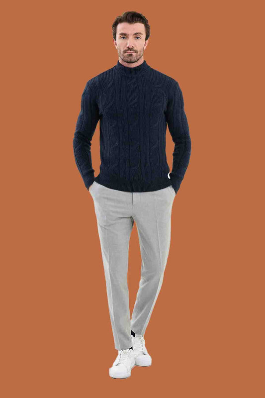 Navy Blue Cable Knit Mock Neck Sweater - Slim Fit
