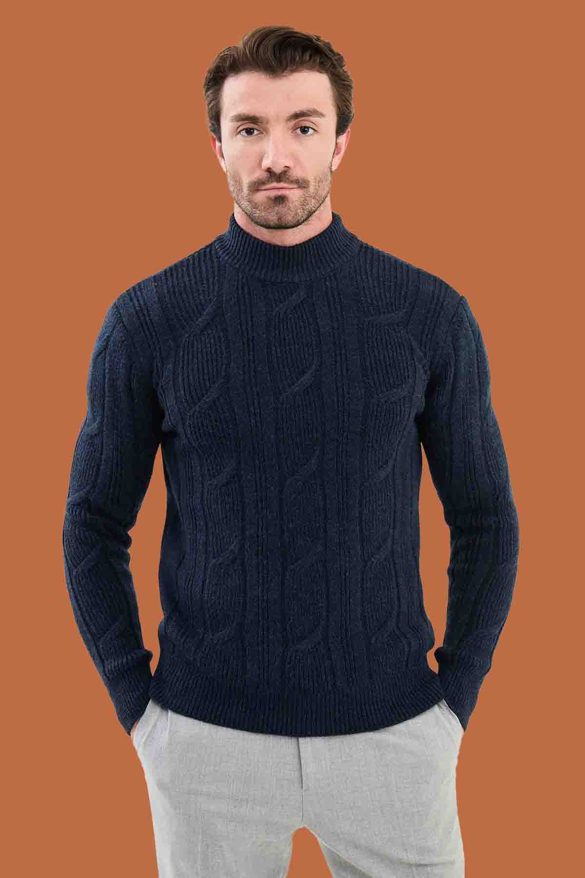 Navy Blue Cable Knit Mock Neck Sweater - Slim Fit