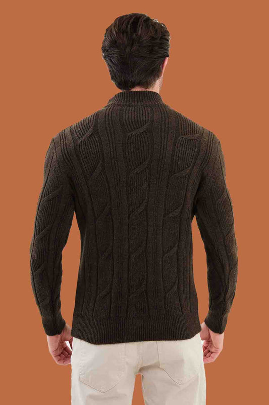 Dark Brown Cable Knit Mock Neck Sweater - Slim Fit