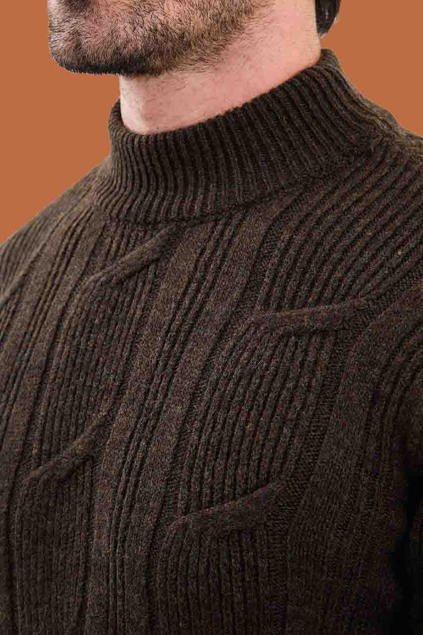 Dark Brown Cable Knit Mock Neck Sweater - Slim Fit