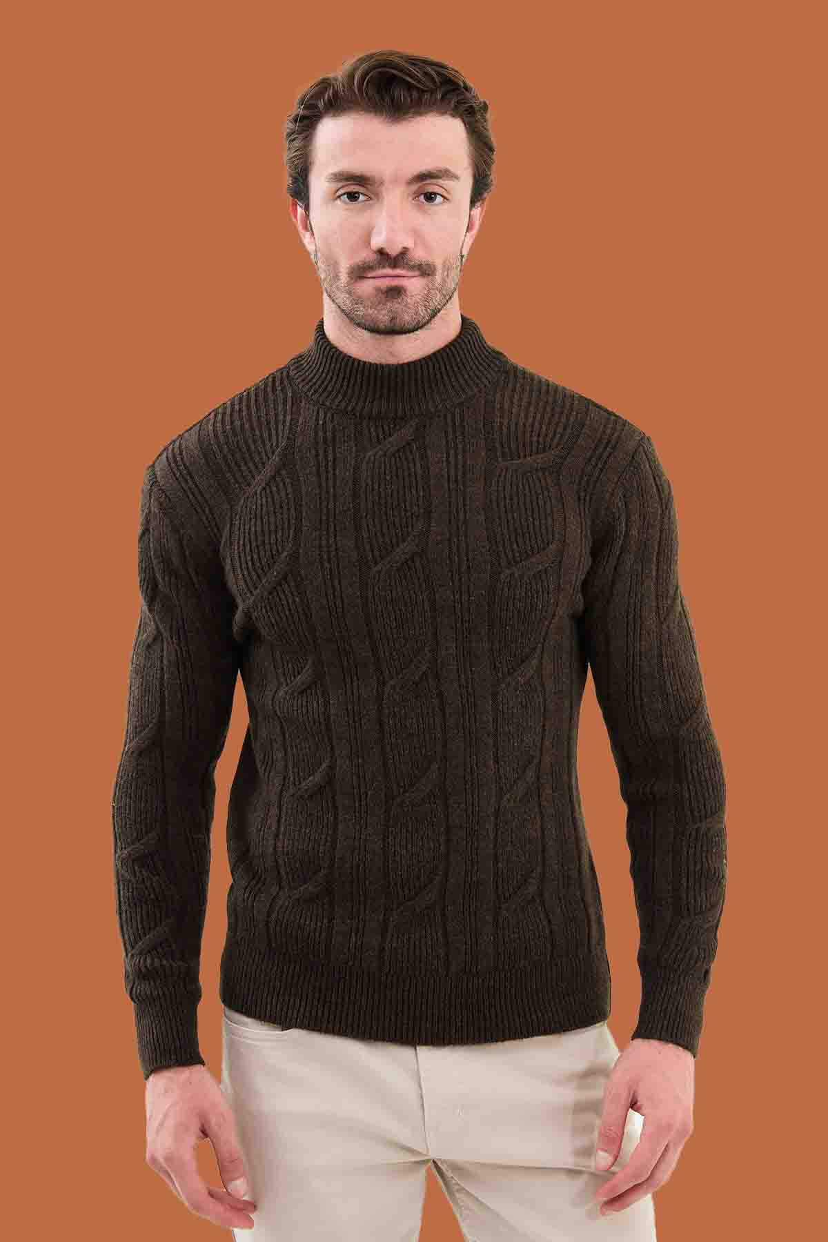 Dark Brown Cable Knit Mock Neck Sweater - Slim Fit