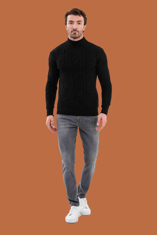 Black Cable Knit Mock Neck Sweater - Slim Fit