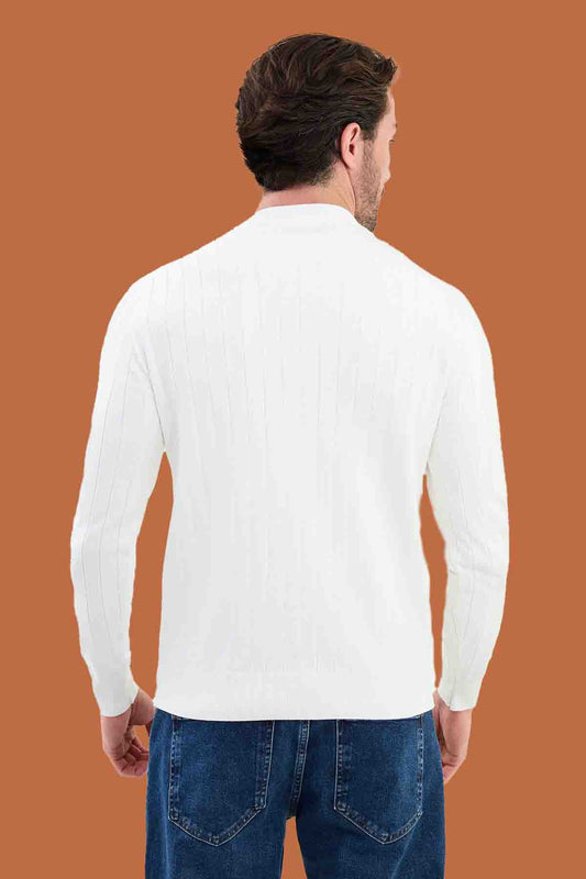 White Slim Fit Ribbed Knit Sweater for Men | S-XXL