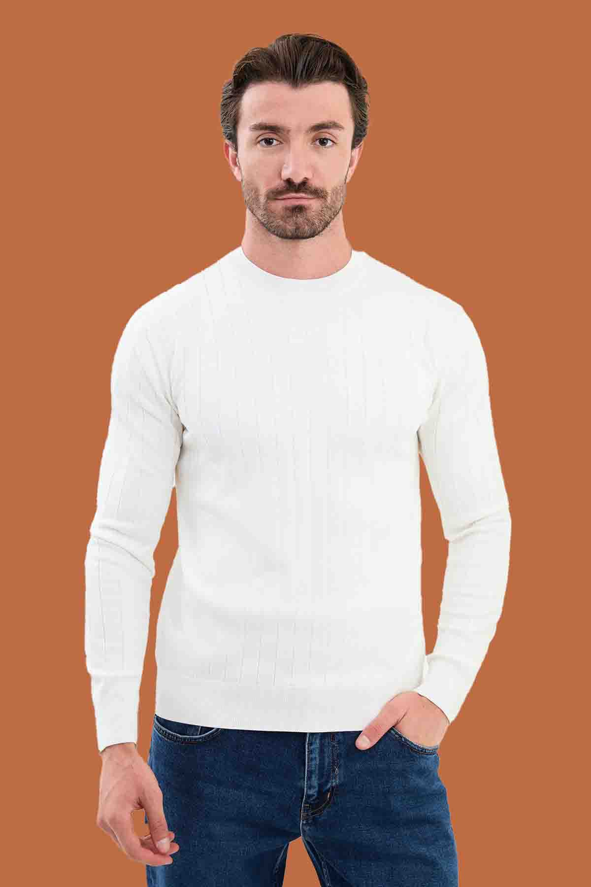 White Slim Fit Ribbed Knit Sweater for Men | S-XXL