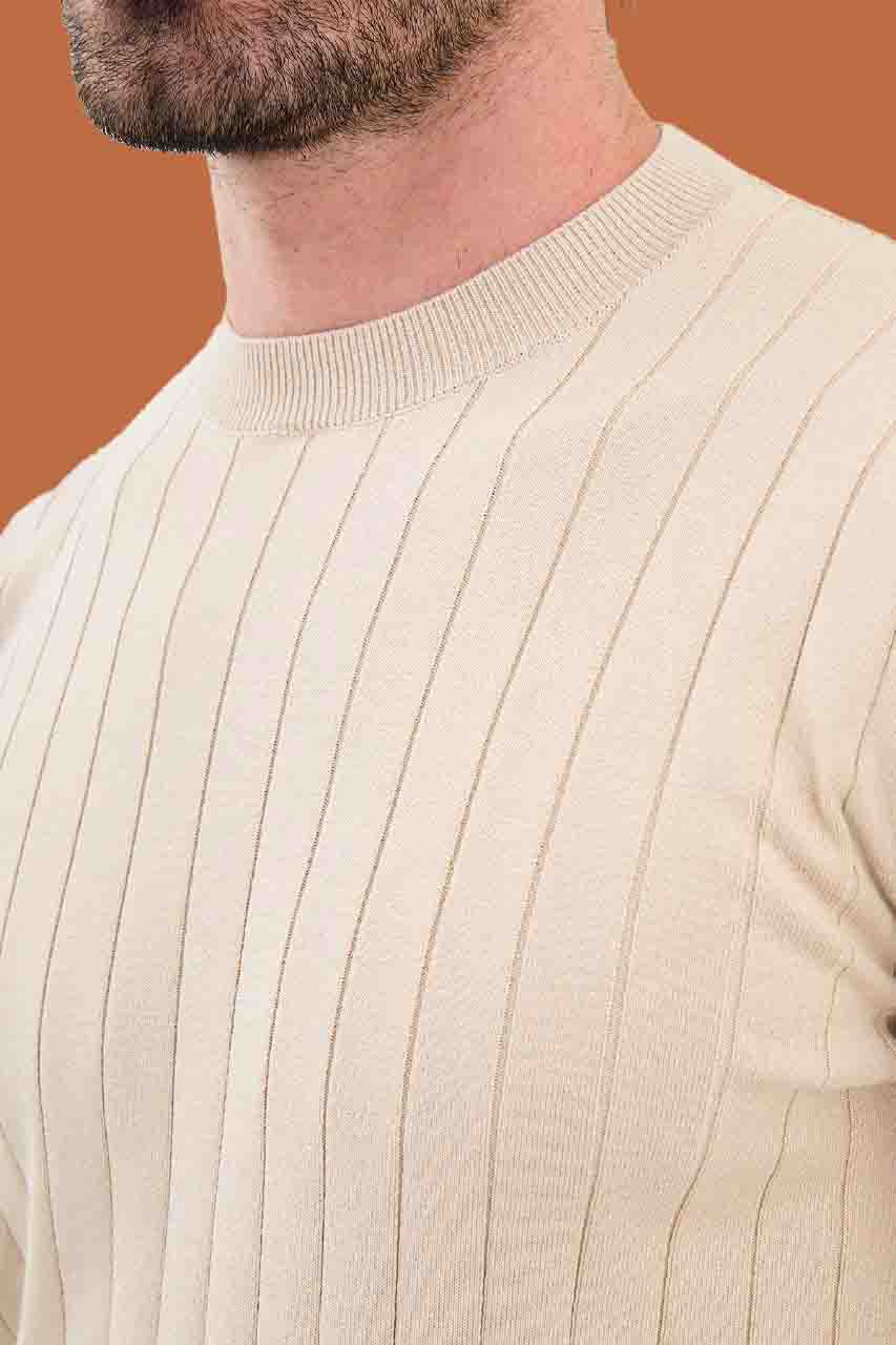Beige Slim Fit Ribbed Knit Sweater for Men | S-XXL