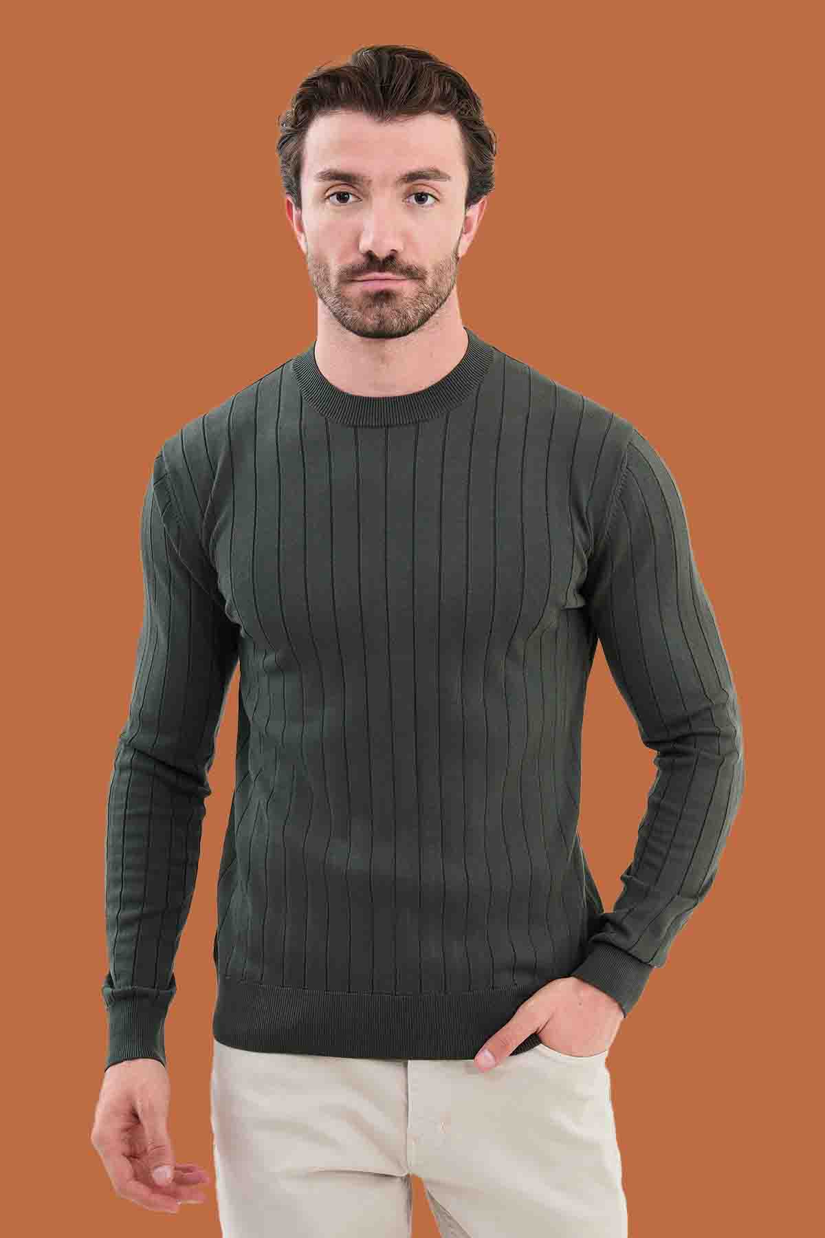 Khaki Slim Fit Ribbed Knit Sweater for Men | S-XXL