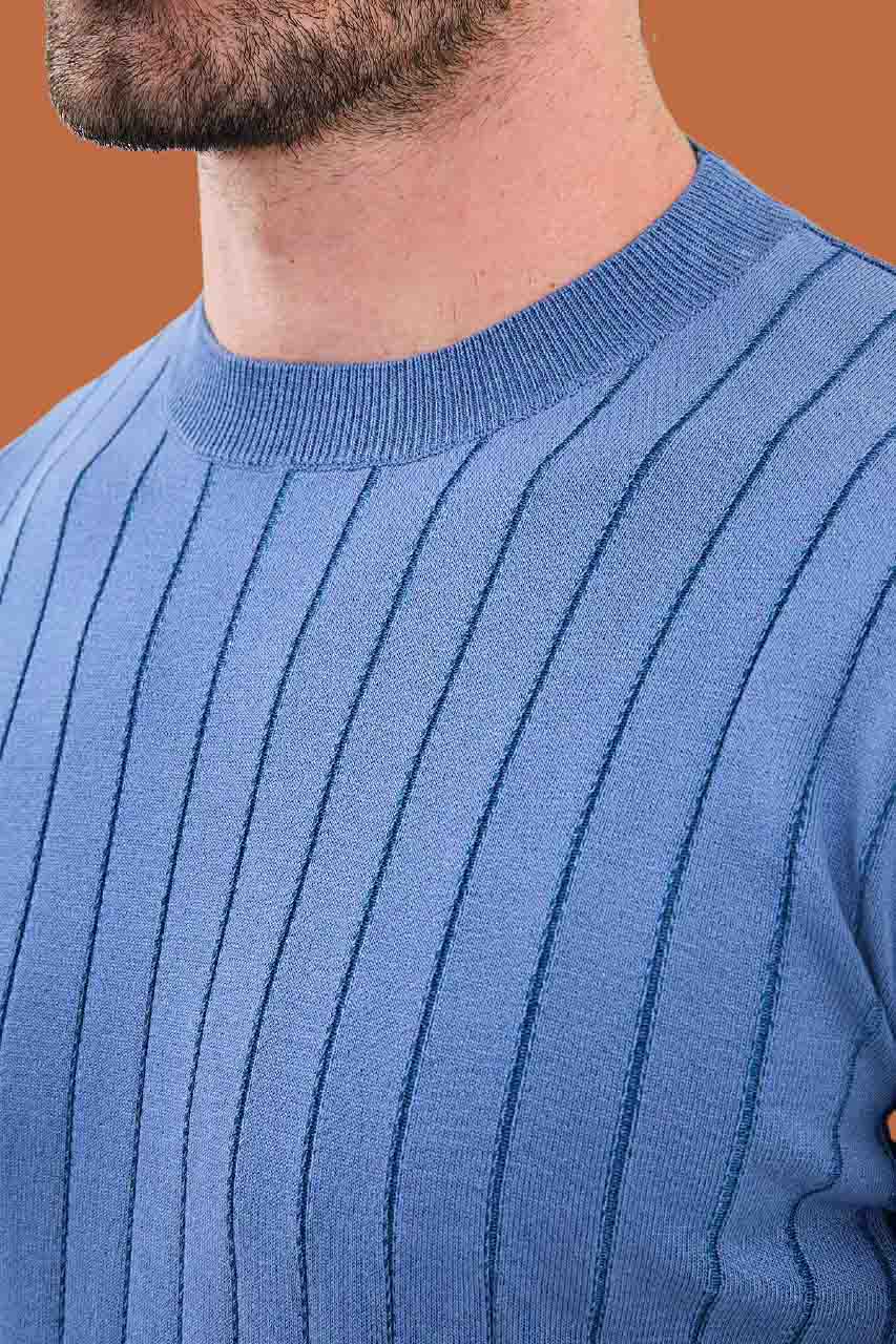 Sky Blue Slim Fit Ribbed Knit Sweater for Men | S-XXL