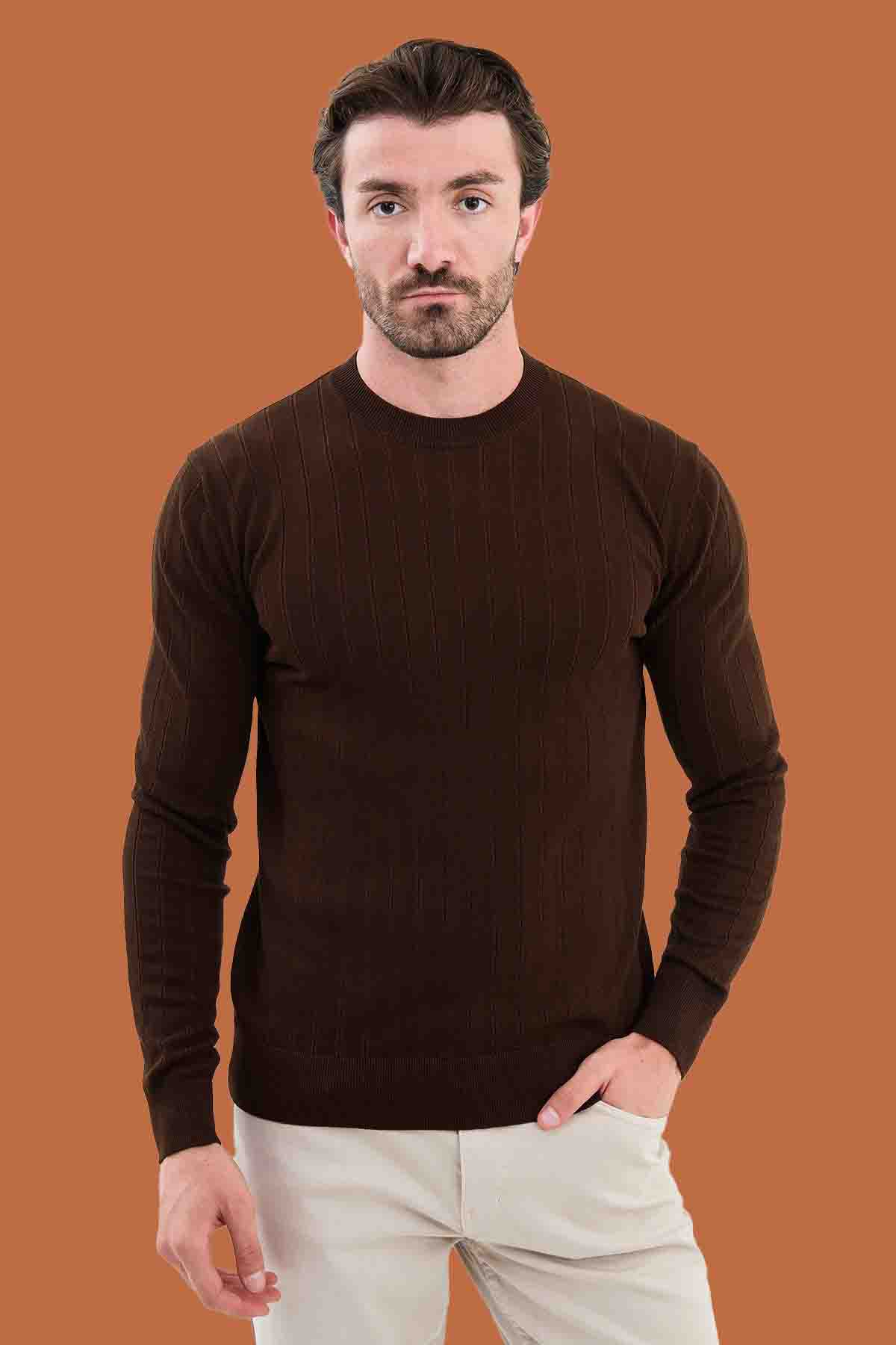 Chocolate Brown Slim Fit Ribbed Knit Sweater | S-XXL