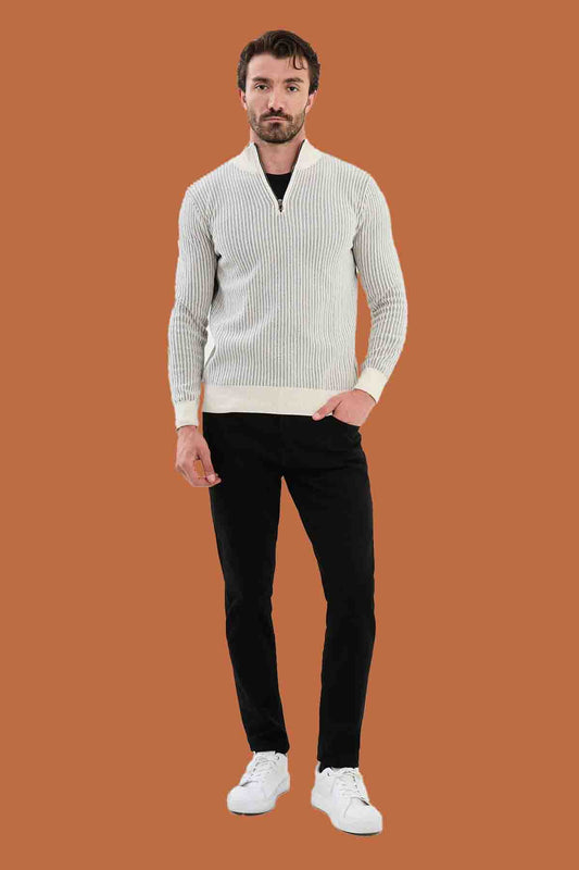 Ecru Slim Fit Ribbed Half-Zip Knit Sweater | S-XXL