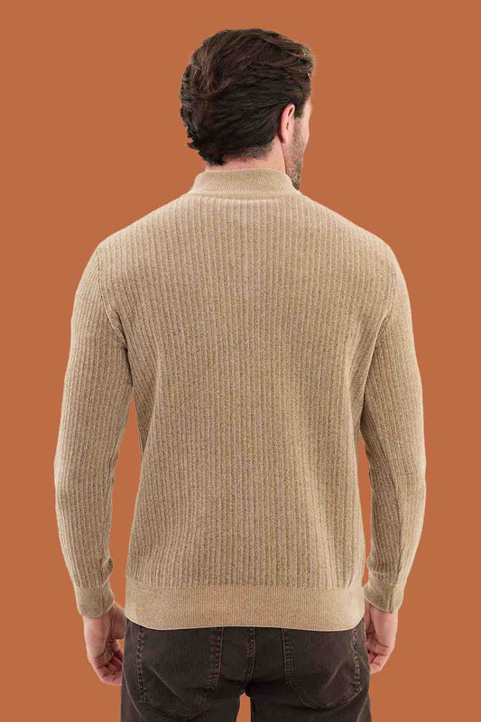 Heather Beige Slim Fit Ribbed Half-Zip Sweater | S-XXL