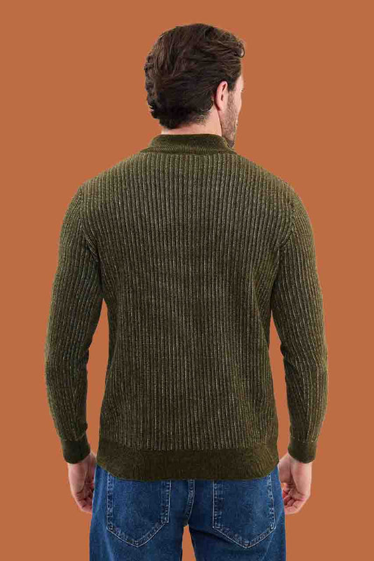 Khaki Slim Fit Ribbed Half-Zip Knit Sweater | S-XXL