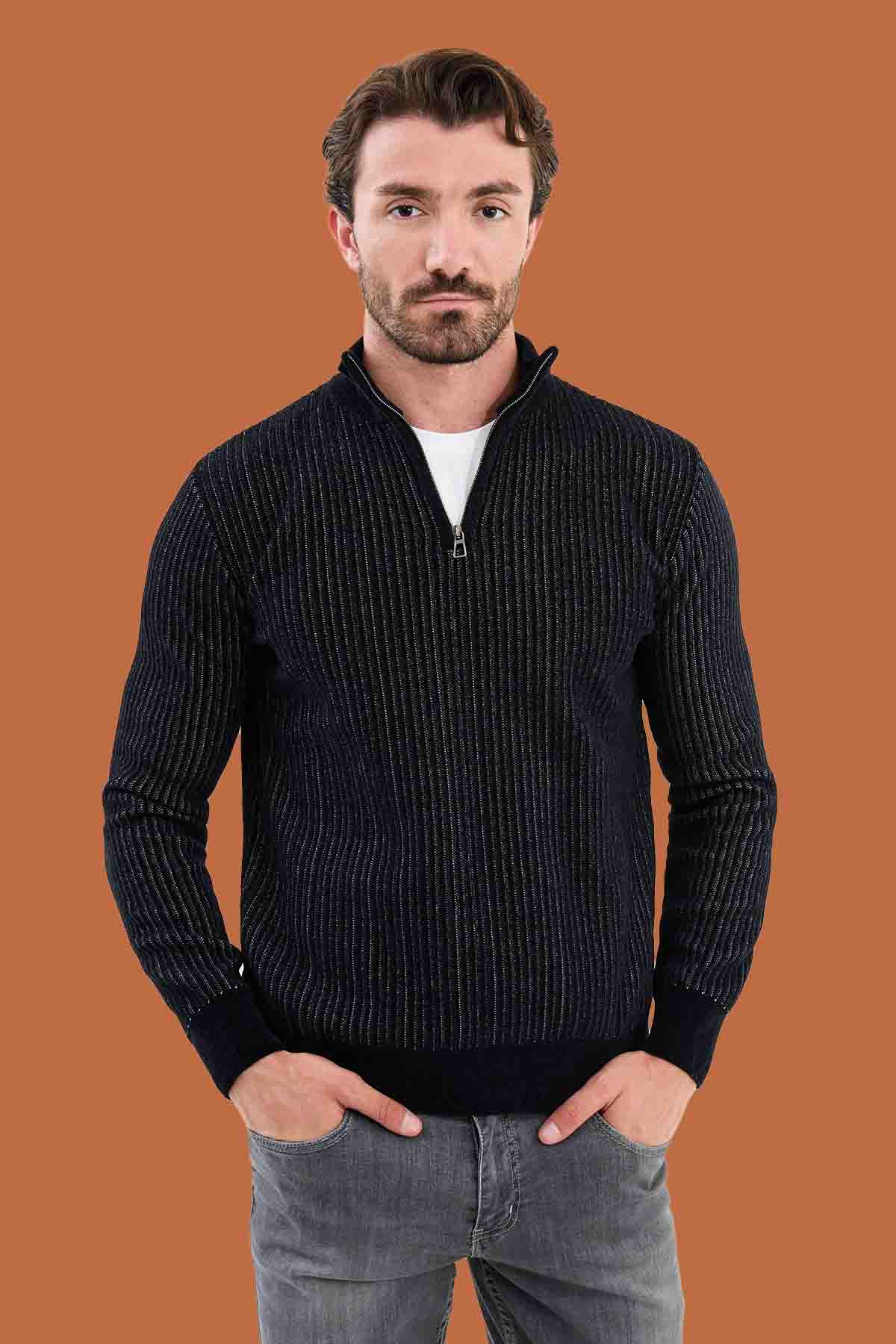 Heathered Black Slim Fit Ribbed Half-Zip Sweater | S-XXL