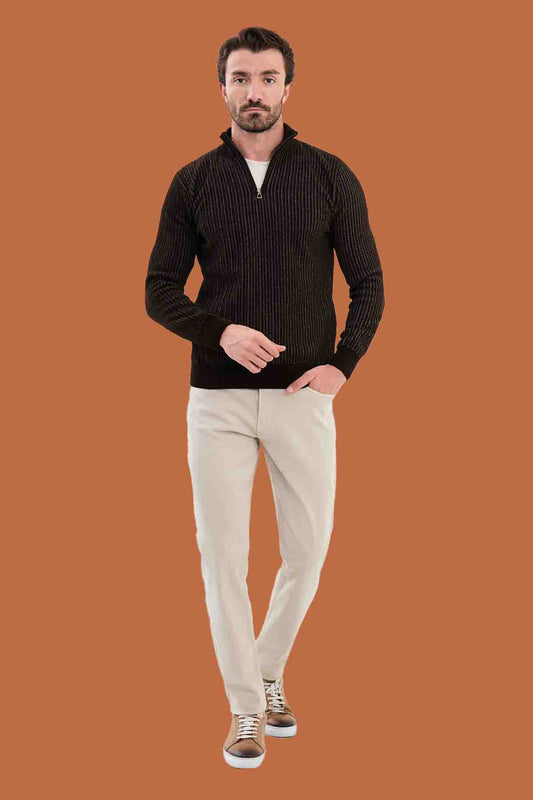 Heathered Brown Slim Fit Ribbed Half-Zip Sweater | S-XXL