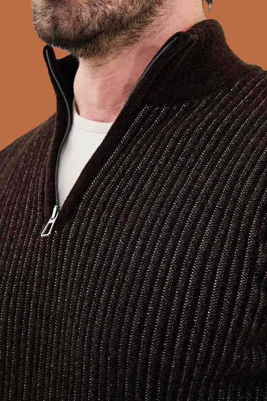 Heathered Brown Slim Fit Ribbed Half-Zip Sweater | S-XXL