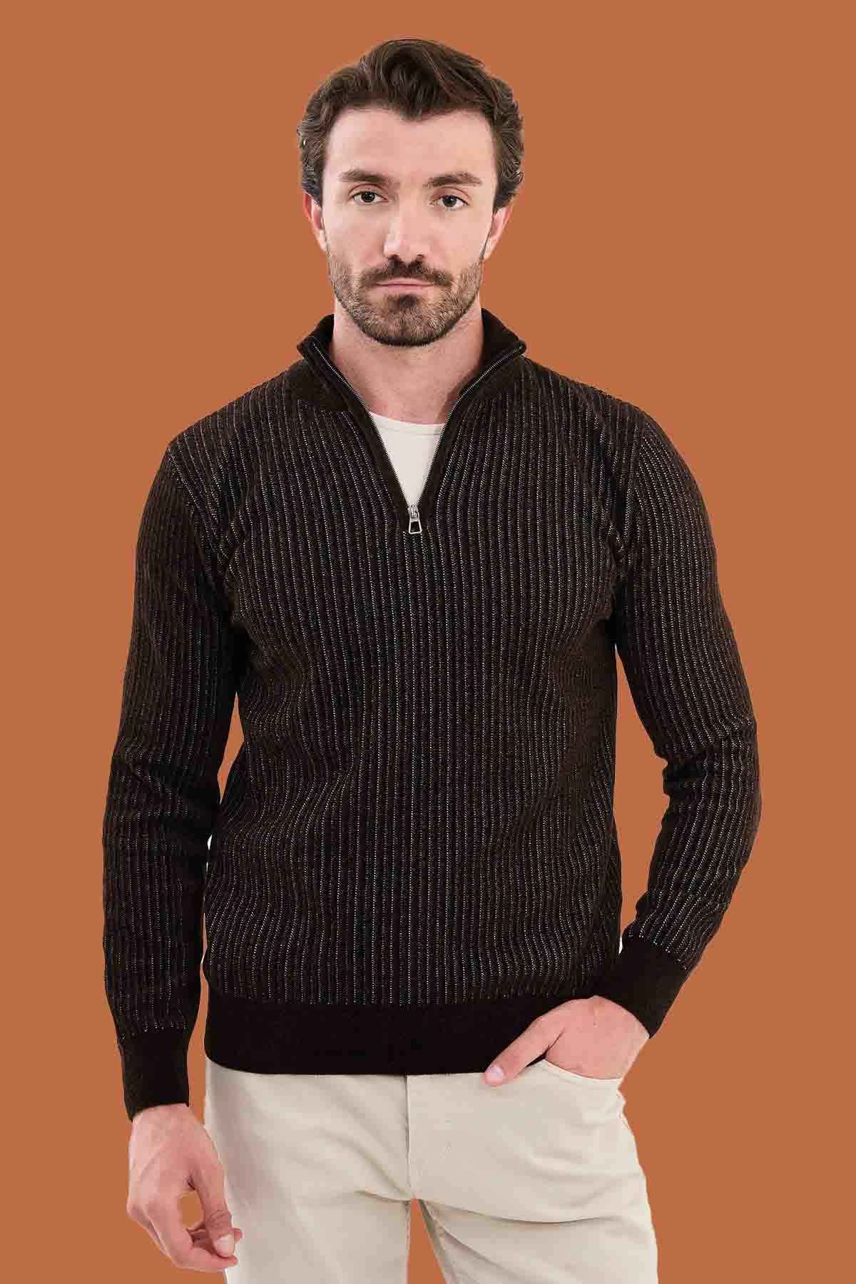 Heathered Brown Slim Fit Ribbed Half-Zip Sweater | S-XXL