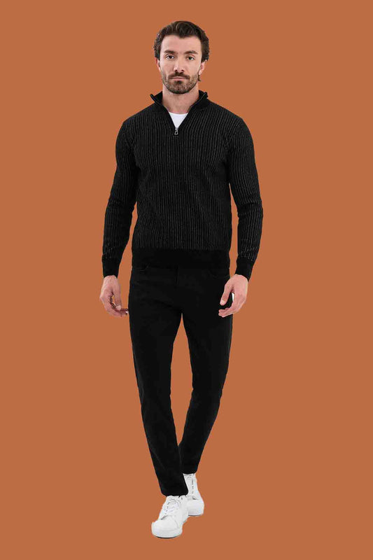 Black Slim Fit Ribbed Knit Sweater for Men | S-XXL