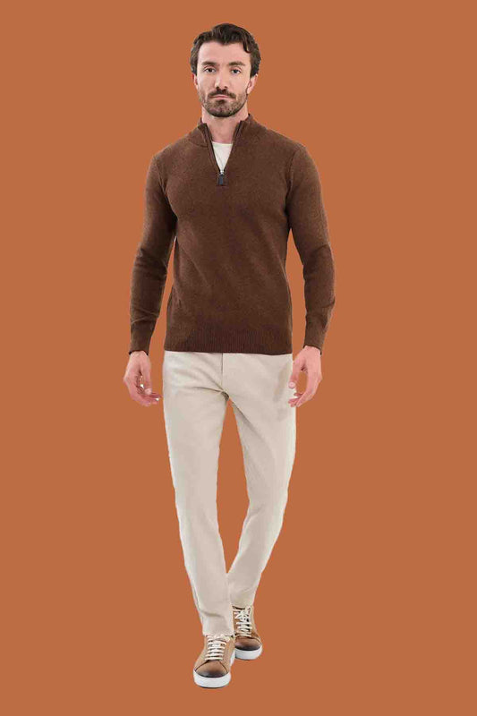 Men's Slim Fit Camel Quarter-Zip Knitwear Sweater