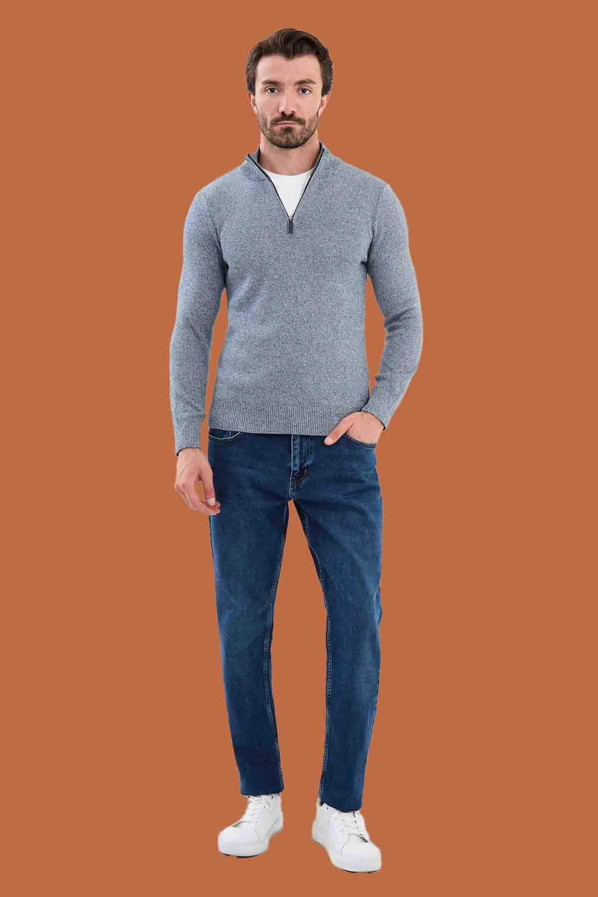 Men's Slim Fit Blue Quarter-Zip Knit Sweater