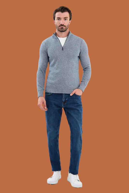 Men's Slim Fit Blue Quarter-Zip Knit Sweater