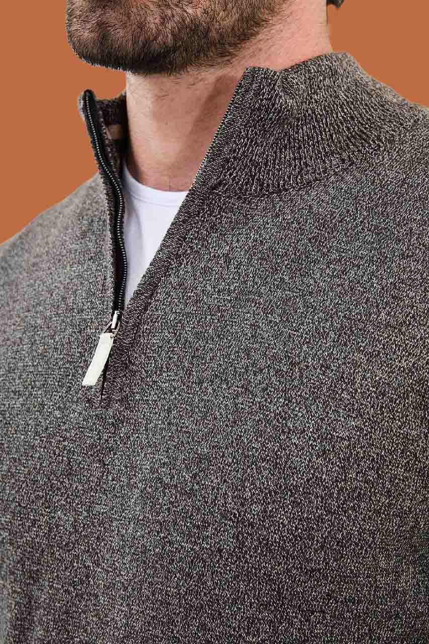 Men's Slim Fit Brown Marled Quarter-Zip Knit Sweater