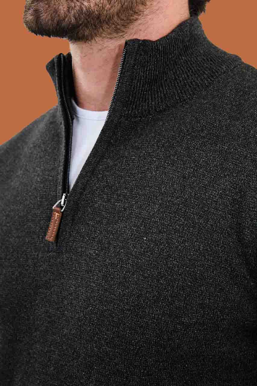 Men's Slim Fit Dark Gray Quarter-Zip Knit Pullover