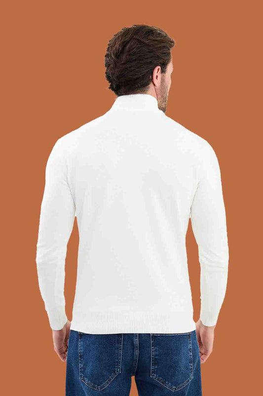 White Slim Fit Mock Neck Textured Knit Sweater