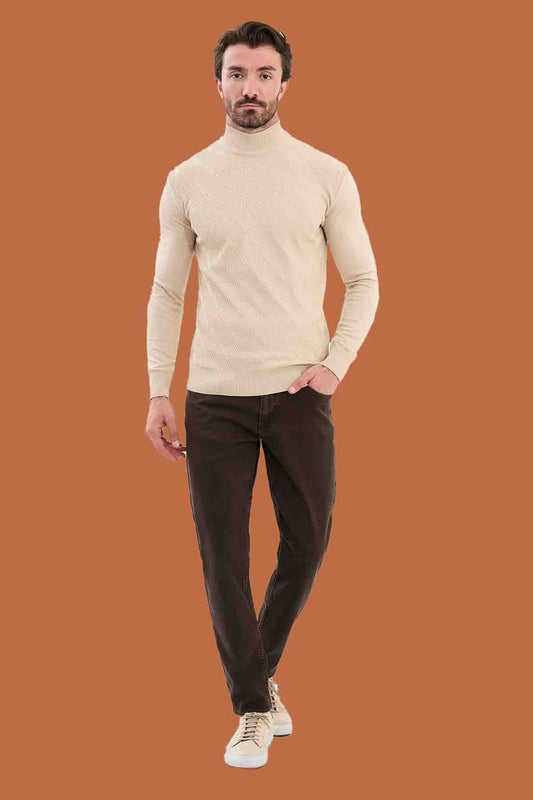 Beige Slim Fit Mock Neck Diamond Textured Sweater