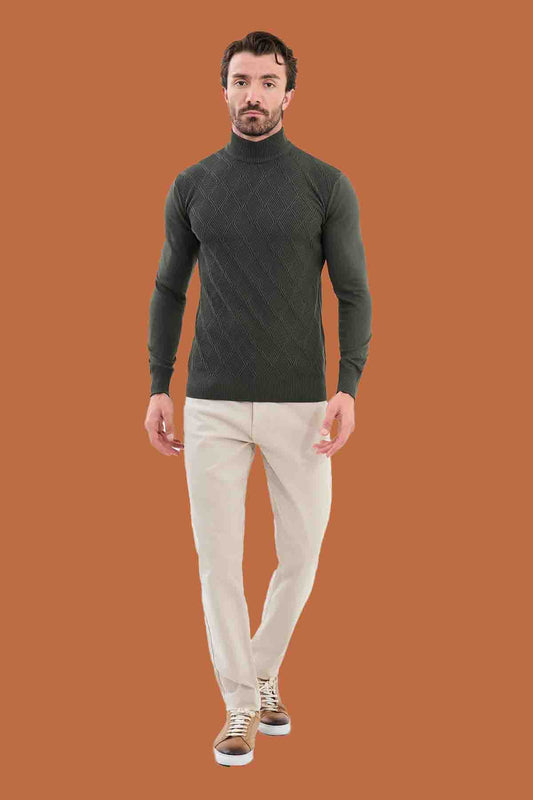 Khaki Slim Fit Mock Neck Diamond Knit Sweater