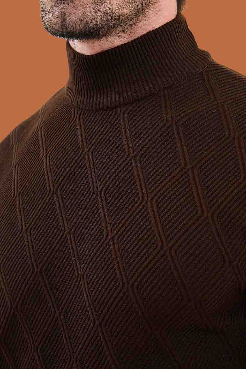 Brown Slim Fit Mock Neck Diamond Knit Sweater