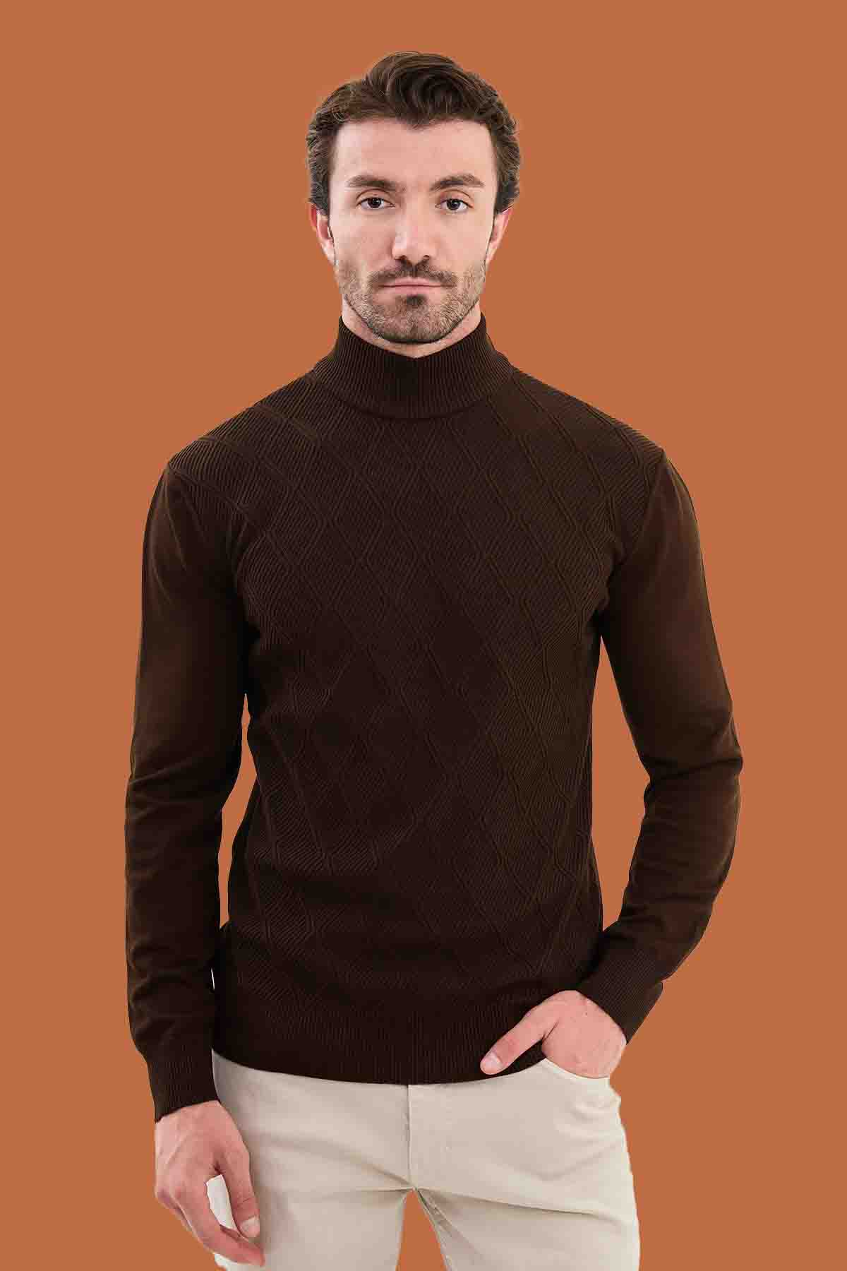 Brown Slim Fit Mock Neck Diamond Knit Sweater