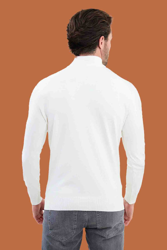 White Slim Fit Mock Neck Herringbone Knit Sweater