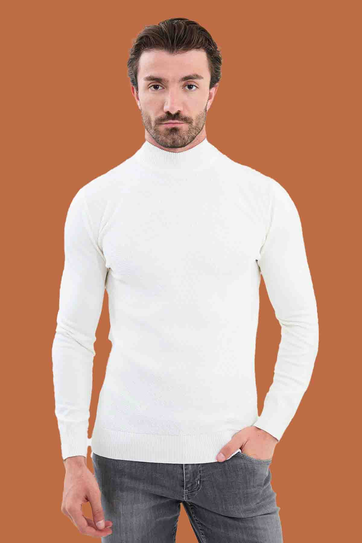 White Slim Fit Mock Neck Herringbone Knit Sweater