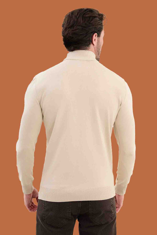 Men's Slim Fit Beige Mock Neck Knit Sweater - S-XXL