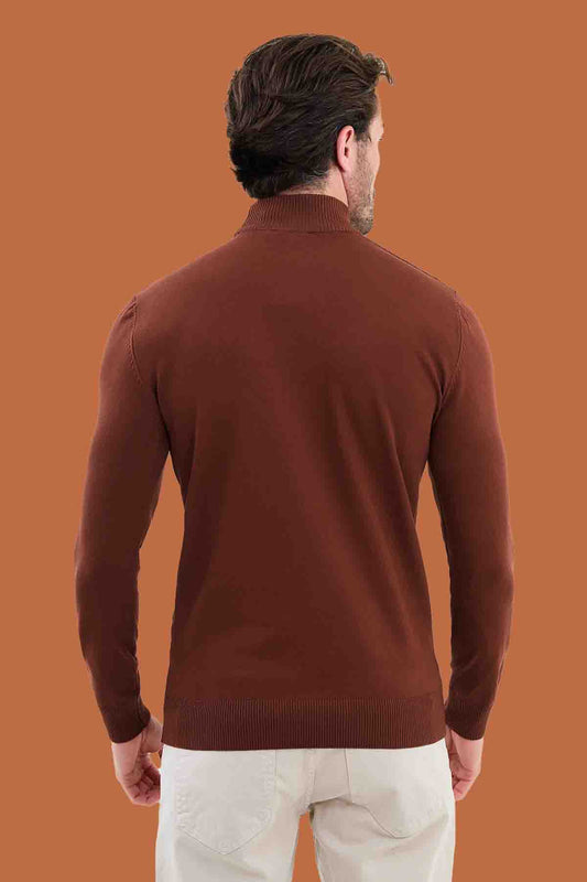 Men's Slim Fit Tile Brown Mock Neck Knit Sweater - S-XXL