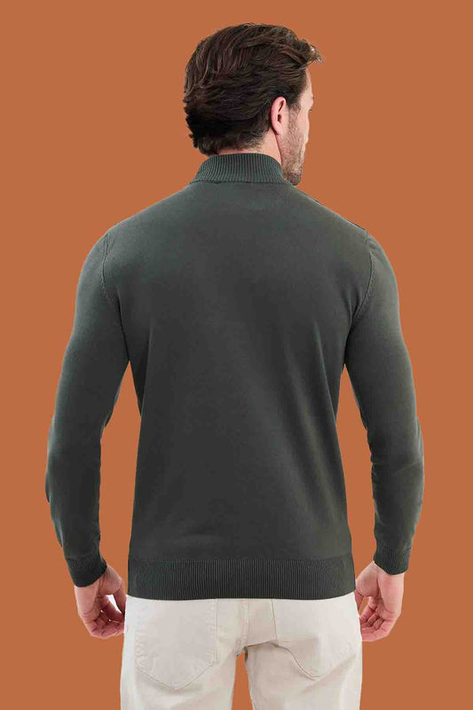 Men's Slim Fit Khaki Green Mock Neck Knit Sweater