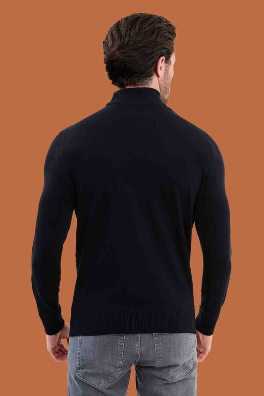 Men's Slim Fit Navy Mock Neck Textured Knit Sweater