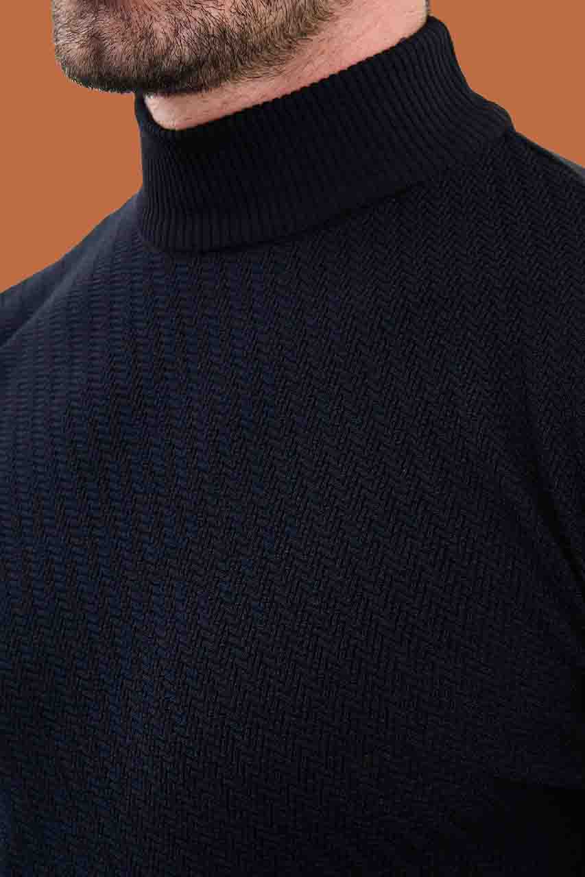 Men's Slim Fit Navy Mock Neck Textured Knit Sweater