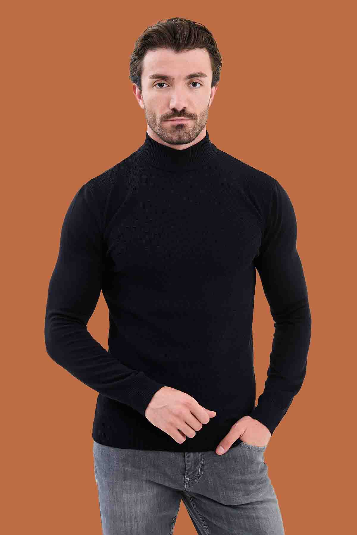 Men's Slim Fit Navy Mock Neck Textured Knit Sweater