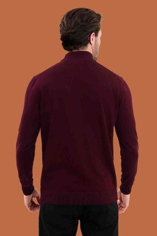 Men's Burgundy Mock Neck Sweater - Slim Fit Knit