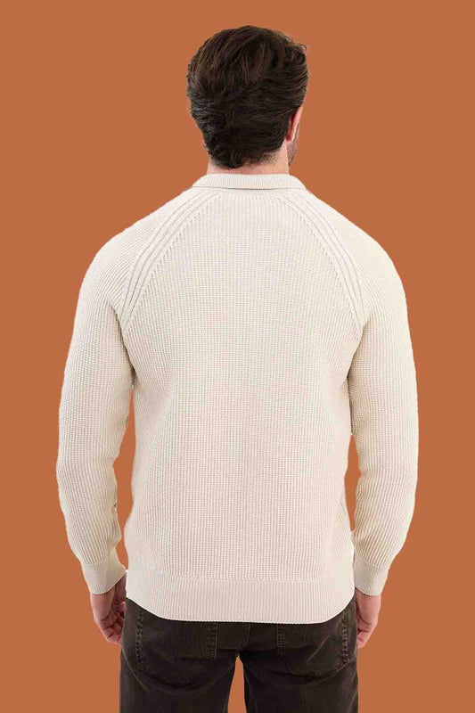 Men's Beige Slim Fit Full-Zip Knitwear Sweater
