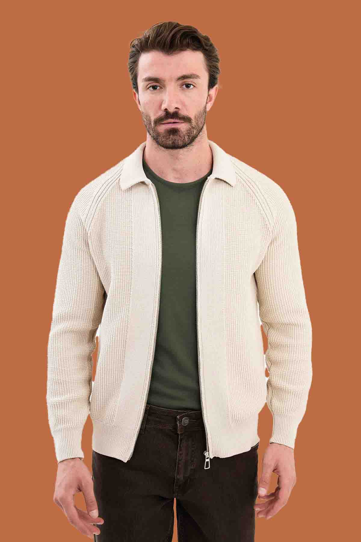 Men's Beige Slim Fit Full-Zip Knitwear Sweater