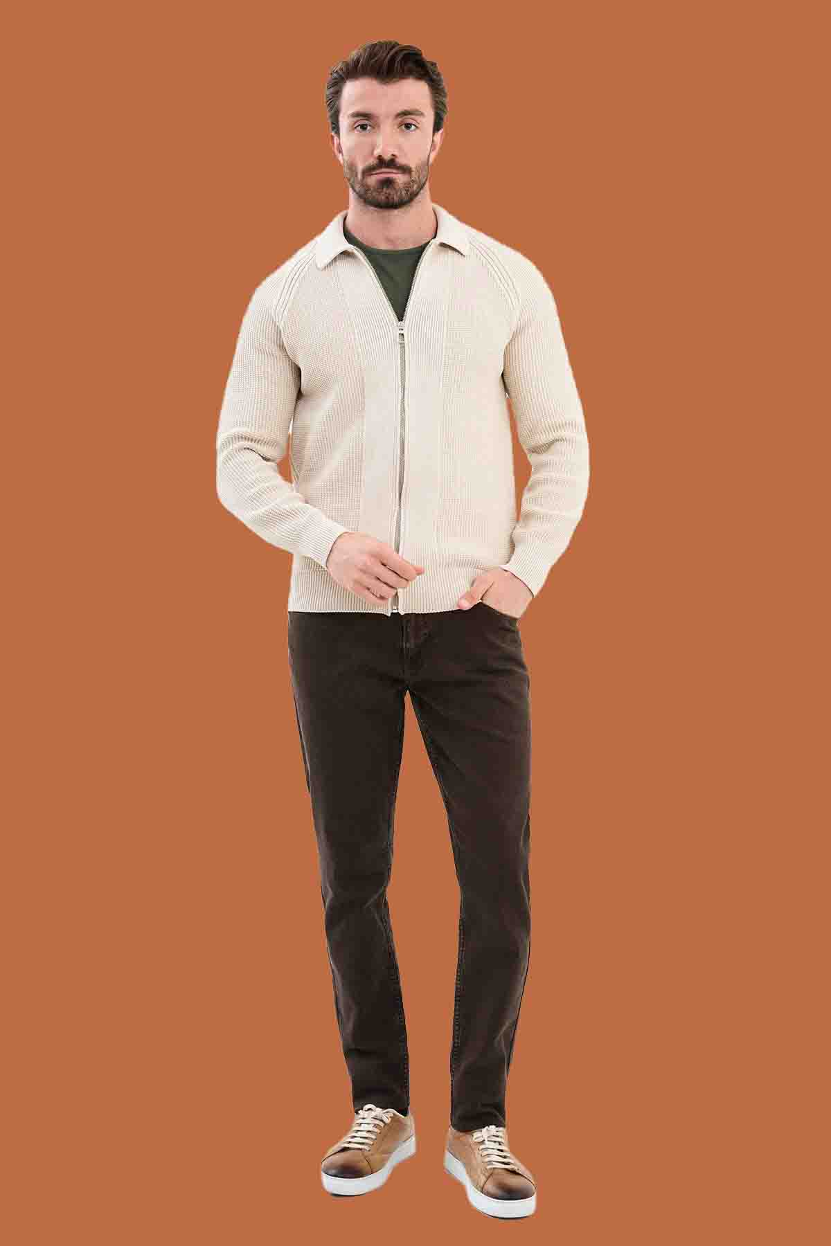 Men's Beige Slim Fit Full-Zip Knitwear Sweater