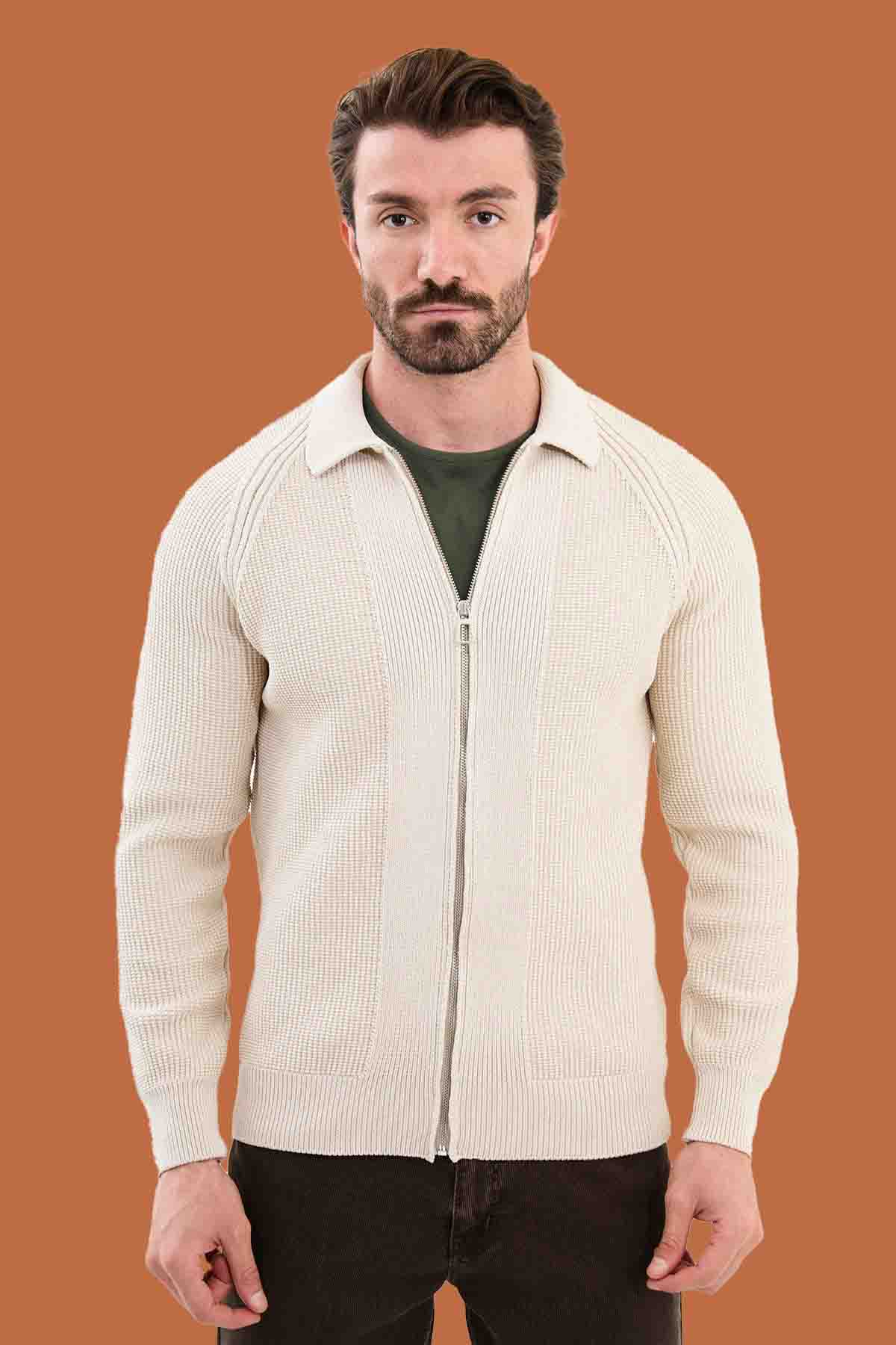 Men's Beige Slim Fit Full-Zip Knitwear Sweater