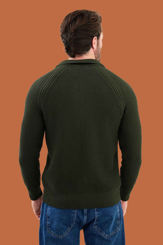 Men's Olive Green Slim Knit Full-Zip Sweater S-XXL